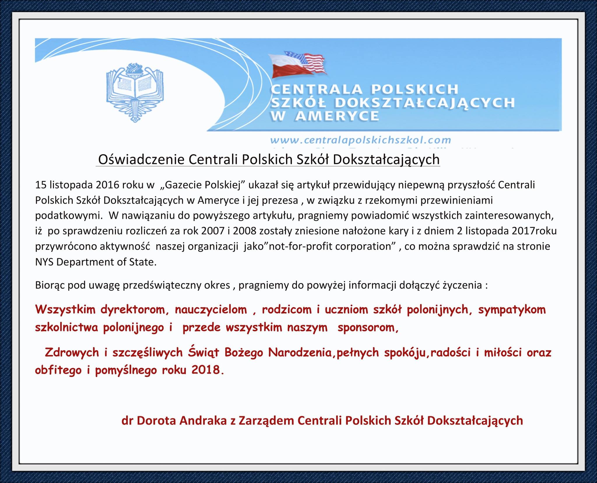 Oświadczenie Centrali Polskich Szkół Dokształcających w Ameryce 