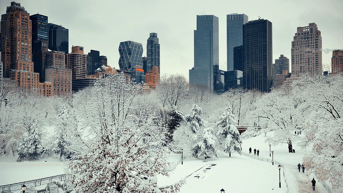 Obfite opady śniegu i silny wiatr na Long Island, w NYC, Mid-Hudson