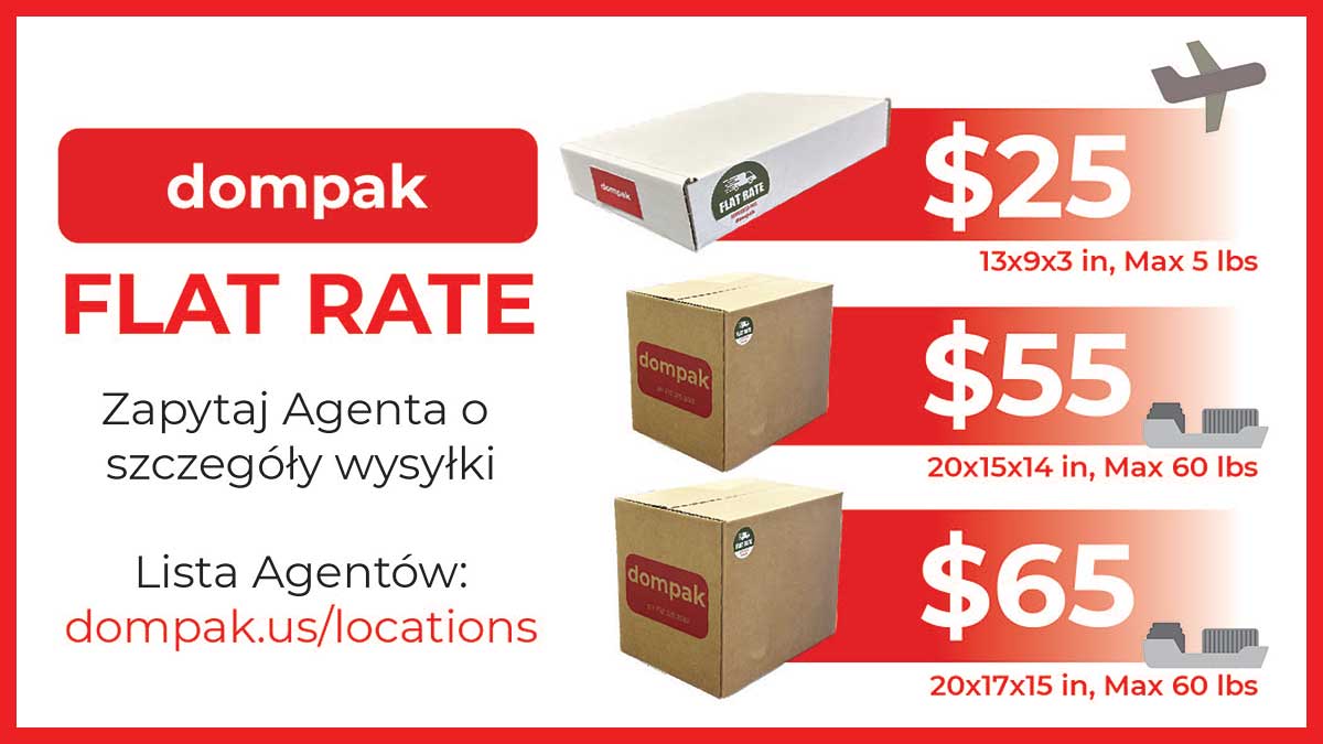 Wysyłka paczek do Polski z USA. W Dompak Corporation stałe ceny na paczki - Flat Rate 