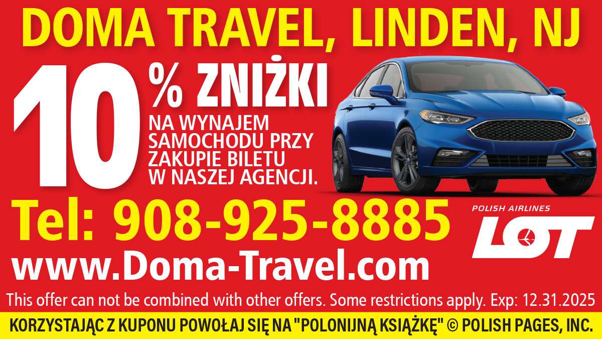 Bilety lotnicze do Polski z 10% zniżki na wynajem samochodu. Polska agencja Doma Travel w Linden
