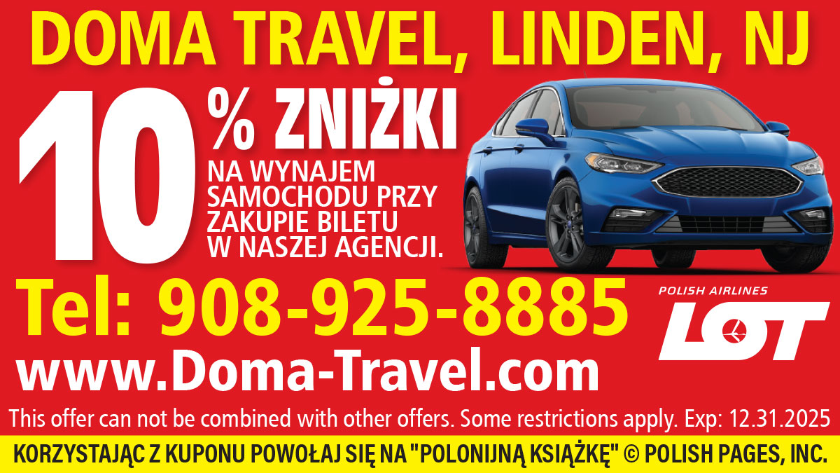 Bilety na loty do Polski z 10% zniżki na wynajem samochodu. Polska agencja Doma Travel w Linden