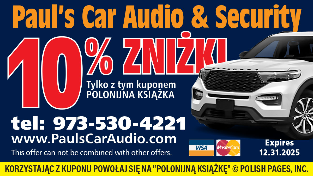 10% zniżki w polskim auto serwis w New Jersey na alarmy, nagłośnienie, kamery. Paul's Car Audio & Security