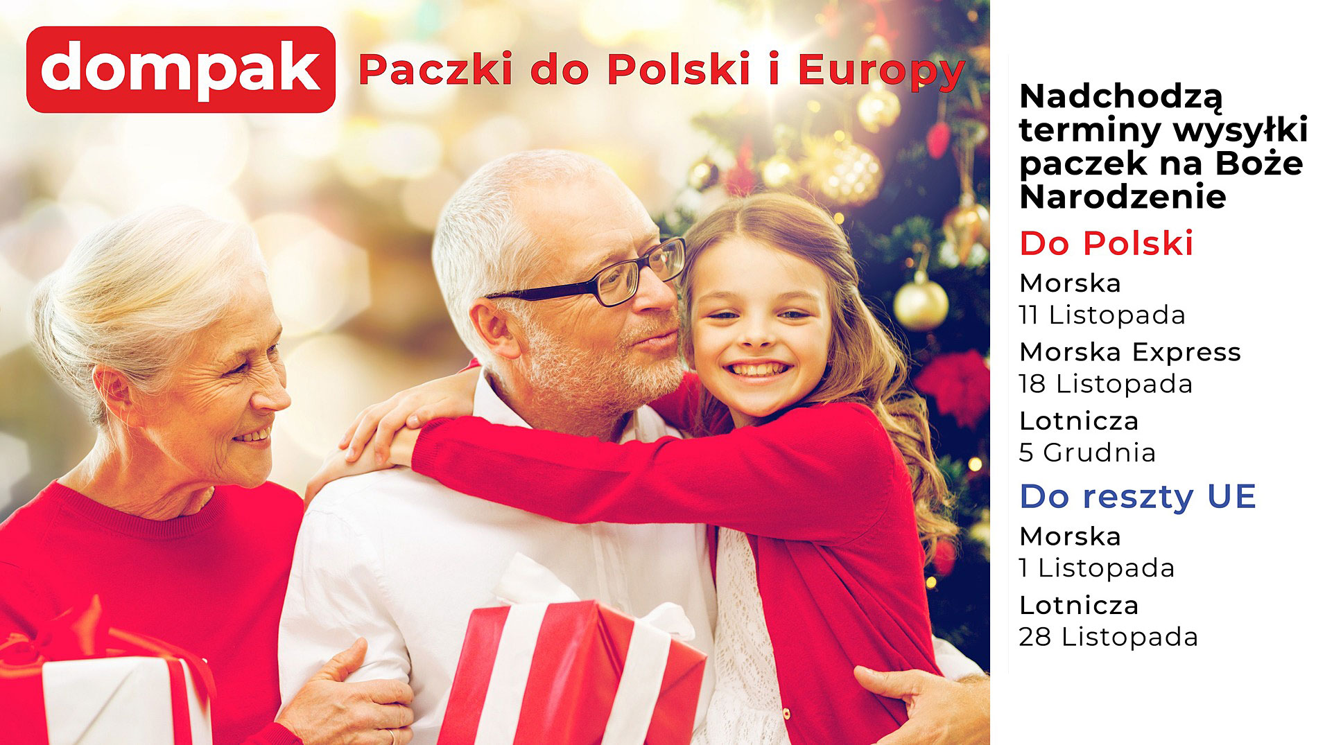 Terminy wysyłki paczek do Polski i UE na Święta Bożego Narodzenia przez DOMPAK 